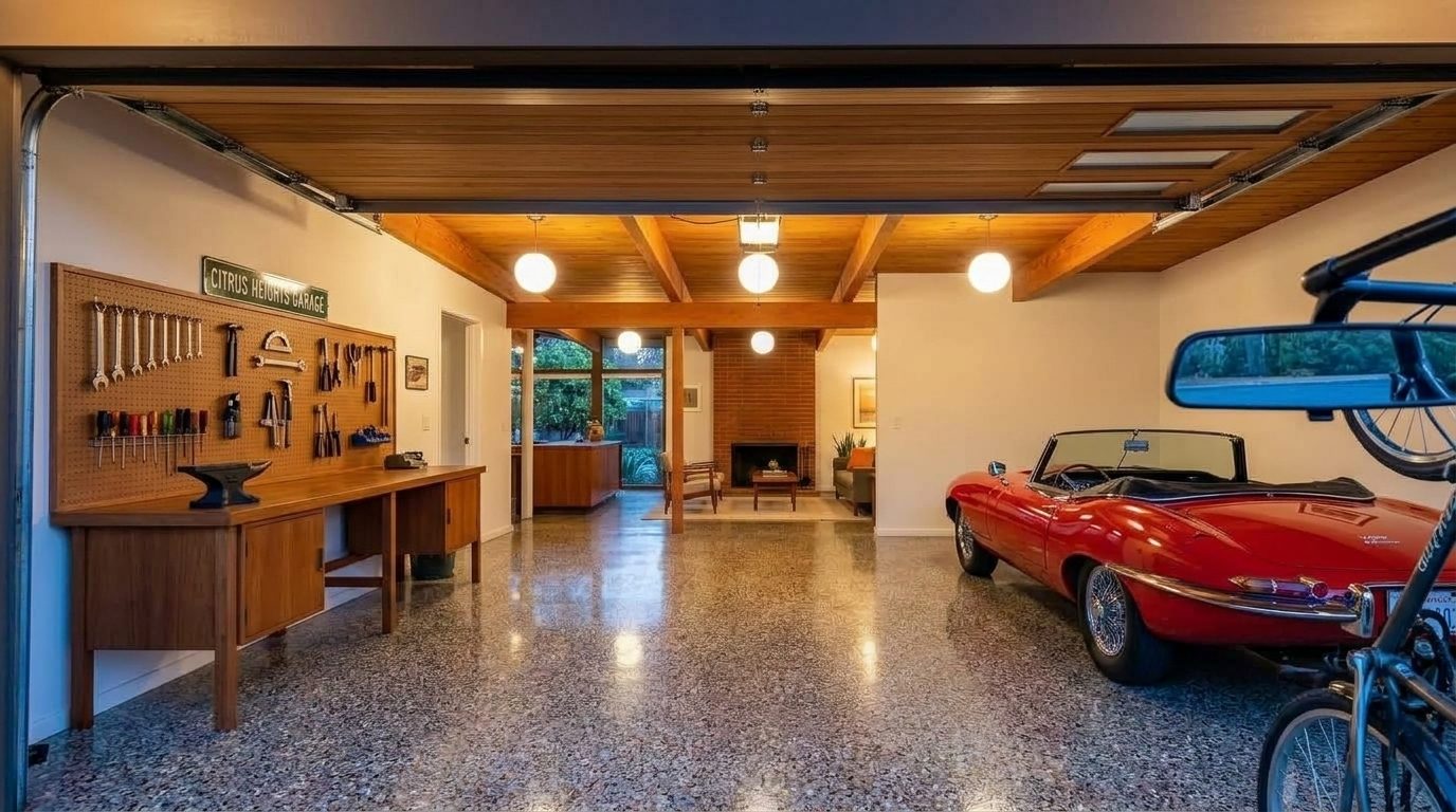 Ryan Garage Door Services Interior View of Custom Garage Door Overhead and Workshop